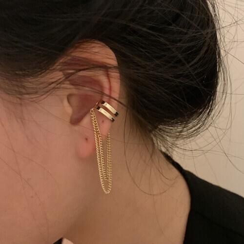 Kpop Gold Silver Color Tassel Chain Metal Circle Earcuff Earrings for Women Hiphop Punk Fake Piercing Earcuff Clip on Earrings