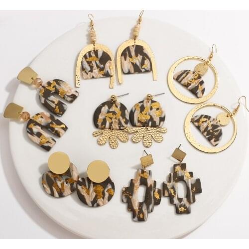 AMORCOME Unusual Metal Ploymer Clay Hanging Earrings for Women Handmade Gold Foil Geometric Round Drop Earrings Jewelry 2021