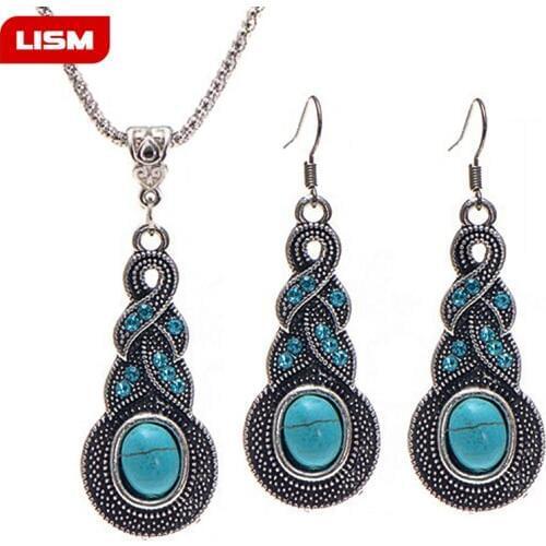 Europe and the United States new hot sale personality fashion retro pattern blue crystal inlaid earrings set Brincos