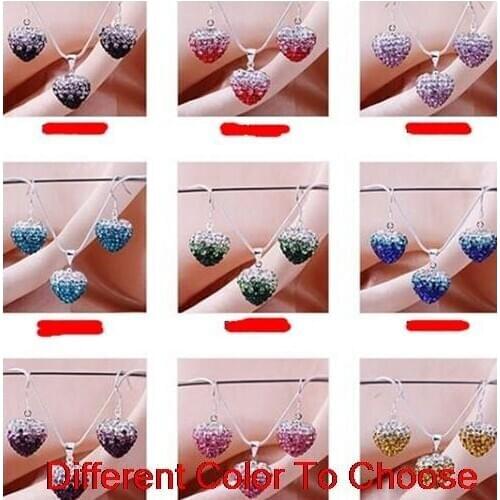 Mix multicolor 12*16mm heart Silver Plated snake chain gradual change Crystal crystal set earrings Necklace For Women men