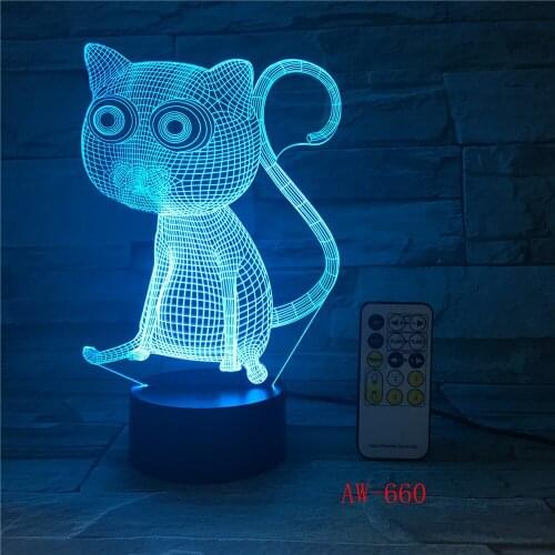 3D Cat LED Night Light USB Charging Animal Shape Indoor Decoration Lamp Kids Night Lamps With Wooden Base For Room AW-660