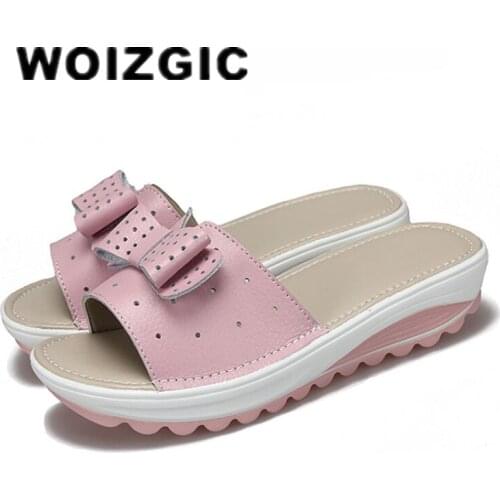 DONGNANFENG Women Female Ladies Genuine Leather Shoes Platform Sandals Slipper Outdoor Summer Cool Beach Bow 41 42 BLAC-1792