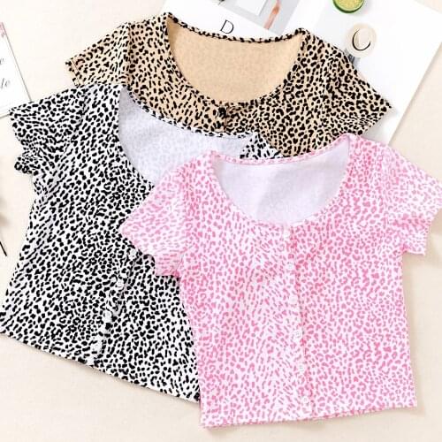Women Summer Harajuku Cute Red Leopard Print tshirt Tops Fashion Knitted Buttons Short Sleeve Crop Top Female t shirts Clothes