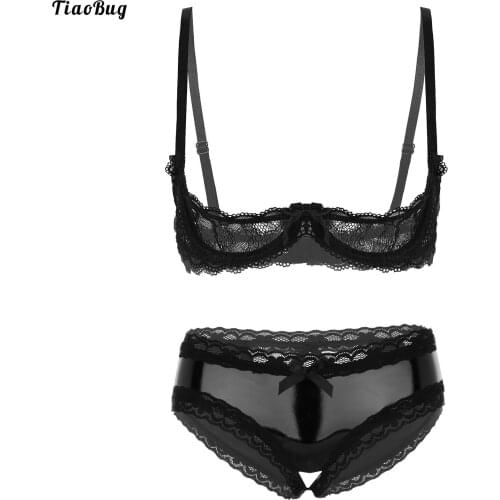 TiaoBug Women 2Pcs Lingerie Suit Honeymoon Gift See-Through Sheer Lace Underwire Bra Tops With Patent Leather Crotchless Briefs