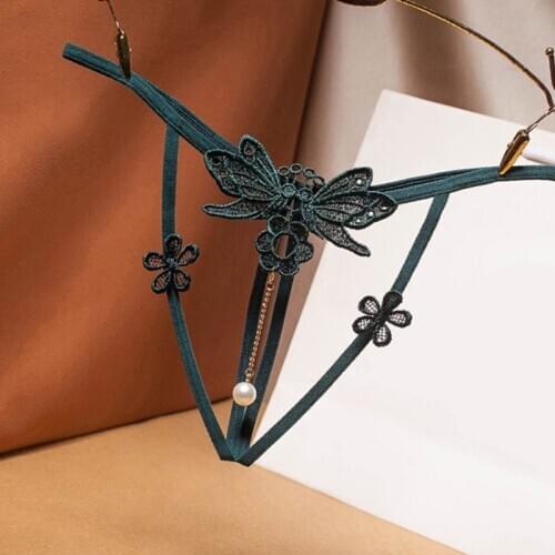 Women Erotic Lingerie G-String Embroidery Dragonfly Floral Underwear Panties Tassel Faux Pearl Pendant Brief