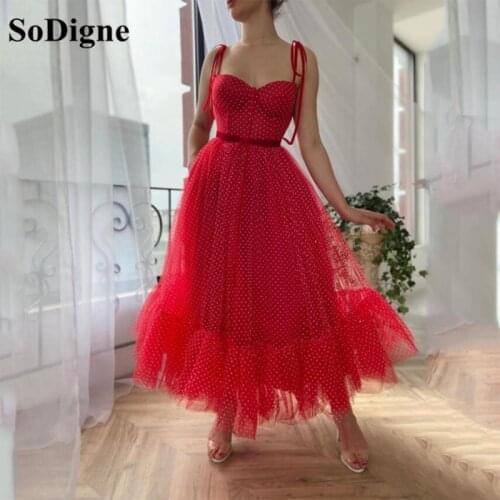 SoDigne 2021 Tulle Red Prom Dresses Tiered Straps Corset Boning Evening Dress Tea Length Formal Party Gown