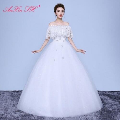 AXJFU Princess vintage flower lace white wedding dress luxury beading boat neck ruffles red lace ball gown wedding dress