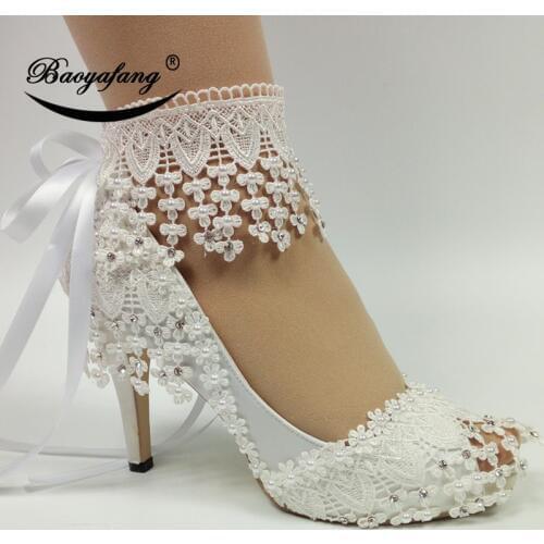 BaoYaFang 2020 New Lace-Up fashion shoes For woman White Flower Wedding shoes Ankle Strap High shoes sweet party shoe