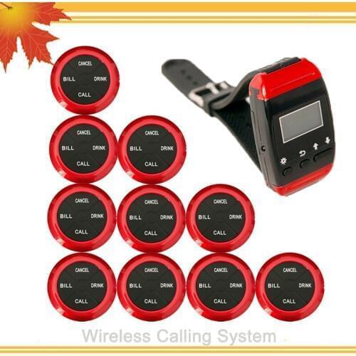 Wireless Calling System Restaurant Guest Pagers Call 1 Watch + 10 Buttons for Hotel Cafe Bar Restaurant