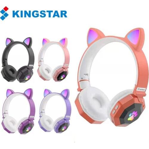 KINGSTAR Cute Cat Ears Bluetooth Wireless Headphones With Mic LED Stereo Music Noise Cancelling Sports Headsets Support TF Card
