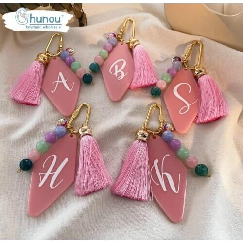 Creativity A-Z Letters Keyring Keychain Geometric Rhombus Acrylic Tassel Beads Initial Key Chain Woman Bag Keychains Pendant