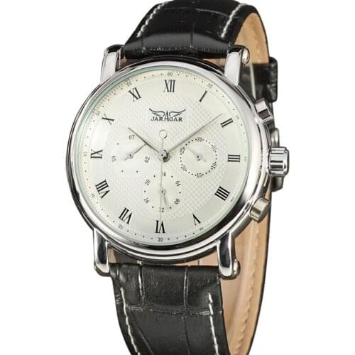 Fashion Jaragar Luxury Brand Automatic Mechanical Self-wind 24 Hour Week Date Roman Index Dial Business Men Leather Watches
