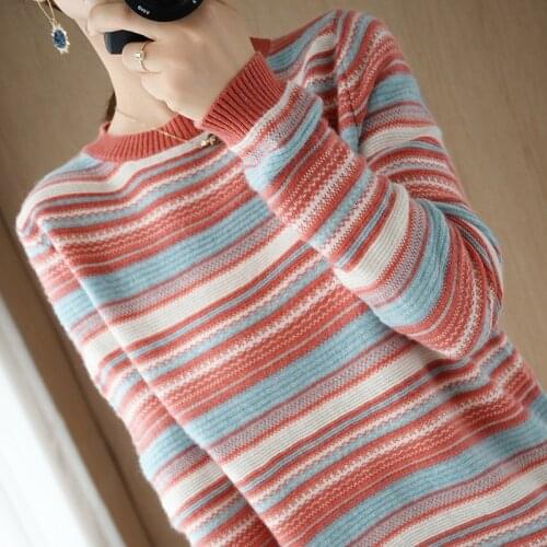 FRSEUCAG Ladies Round Neck, Long Sleeve Striped 100% Wool Sweater Pullover Knitting Fashion All-match New Regular Stylewholesale