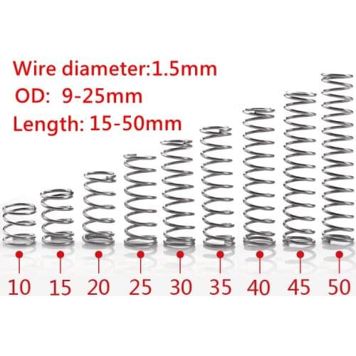 10PCS Wire Diameter 1.5mm 304 Stainless Steel Compression Spring OD 9-25mm Length 15mm to 50mm Rotor Return Compressed Spring