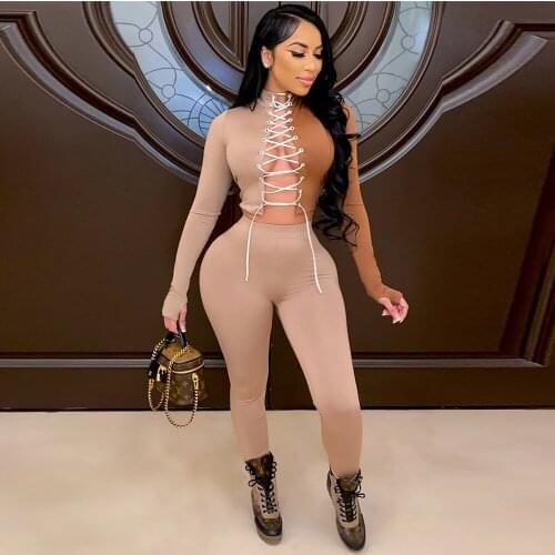 Color Block Patchwork Two Piece Pantsuit Womens Tracksuit Lace Up Hollow Out Full Sleeve Crop Top and Bodycon Sweatpant Suits