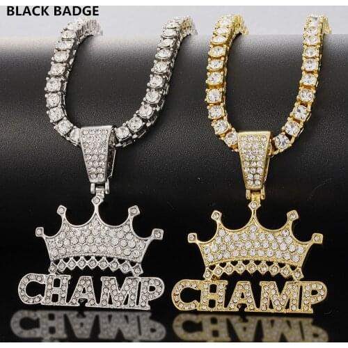 Iced Out CHAMP Crown Pendant Necklace Choker Chain Necklace Women Hip-Hop Jewelry For Men Tennis Chain 2021 Fashion