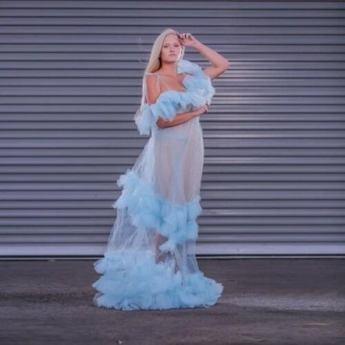 Fashion Sexy Thru Blue Sky Women Dress Spaghetti Strap Tulle Layered Ruffles Floor Length Dresses Custom Made
