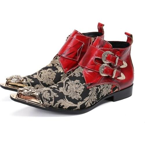 Brand Fashion Red Leather Shoes Big Size Men Boots Winter Dress Short Zip Leather Boots Motorcycle Cowboy Male Boots