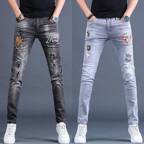 Mens new style slimming embroidery jeans Korea version stretch denim pants high quality blue jeans pants mens casual gray jeans