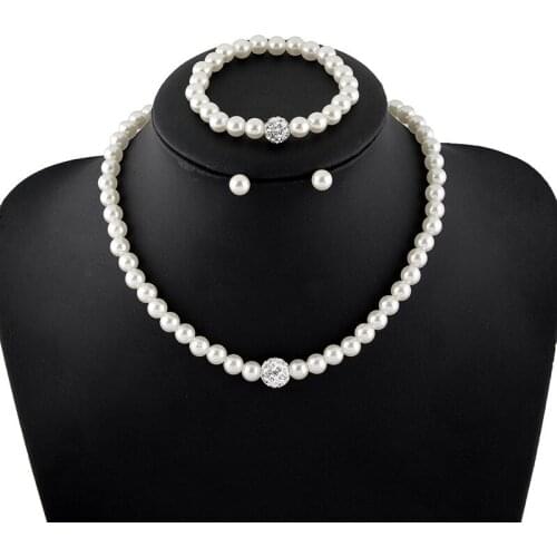 Hot Popular Pretty Rhinestone Smooth Simulated Pearl Bracelet Necklace Earring Set for Women 3-Piece Jewelry Set