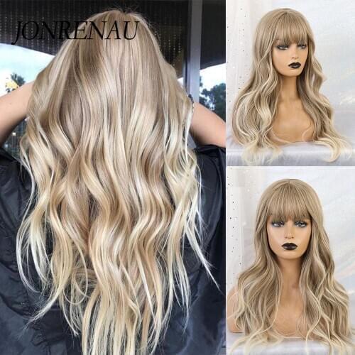 JONRENAU Synthetic Ombre Brown Mixed Blonde Wigs with Bangs Long Natural Wave Hair Party Wigs for White/Black Women
