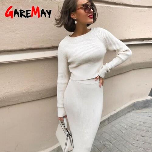 Knitting Pullover And Skirt Two Piece Set Women Slim Fit Cropped Tops Women Autumn Elegant Sweater Skirts 2 Piece Sets Women