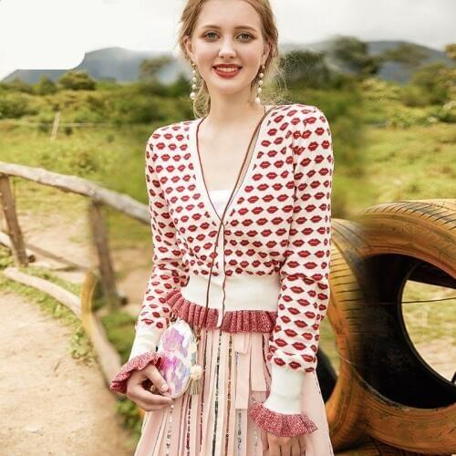 Luxury Brand Designer Knitted Cardigans for Women Causel V Neck Contrast Color Red Lip Jacquard high waist Knitted Sweater