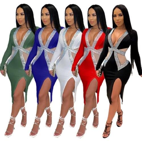 2021 Spring Deep V Neck Sequined Sexy Slit Dress Women Dress Christmas Party Club Strap Dresses Vestidos Plus Size