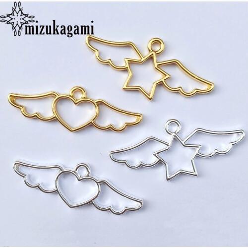 10pcs/lot Zinc Alloy Hollow Heart Stars With Wings Metal Frame Pendant Gold Charm Bezel Setting Cabochon Setting UV Resin Charms