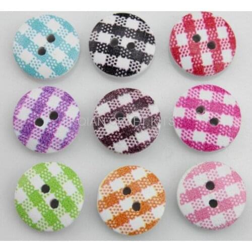 400pcs colorful Gingham Plaid grid check Round 15mm wood wooden buttons two holes Pendants for DIY scrapbooking