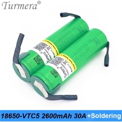 Turmera 30A Soldering Nickel 18650 VTC5 2600mAh Battery for Screwdriver Electric Drill Battery 12V 16.8V 18V 25V and E-bike Use