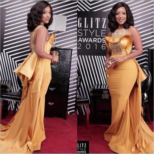 Elegant Gold Celebrity Dresses Red Carpet African Mermiad Satin Beaded Formal Evening Gowns With Train Plus Size Prom Dress 2020