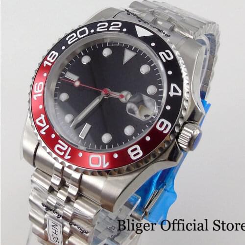 BLIGER Sterile Japan NH35A MIYOTA 8215 40mm Selfwinding Men Watch Red Second Hand Black Red Insert Jubilee Bracelet Glass Back