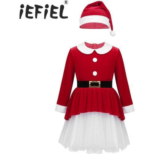 Kids Girls Xmas Costume Outfits Soft Velvet Decorative Belt Mesh Dress with Hat Set for Christmas Party Holiday Halloween Dress