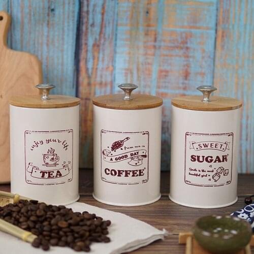 Half-Handmade Storage Jar Wood Cover Exquisite Environmentally Friendly Metal Storage Jar 3P Set Kitchen Tea Coffee Organizer