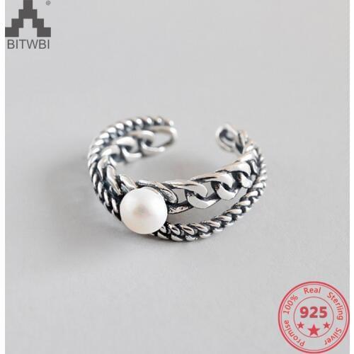 S925 Sterling Silver Fashion Personality Retro Old Freshwater Pearl Double Chain Opening Ring