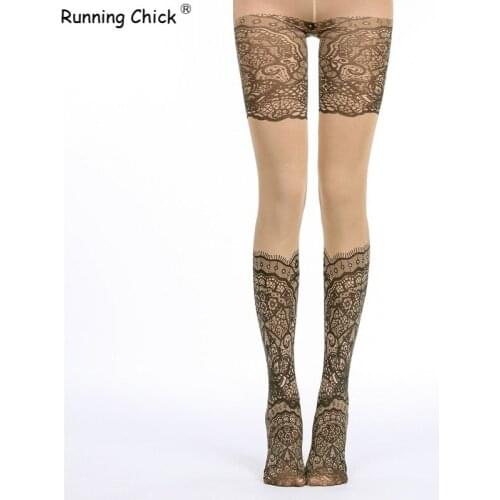 RUNNING CHICK Skin Color Pantyhose Lace Stockings Lolita Printing Wholesales Dropshipping