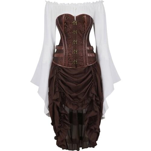 Corsets Bustiers with Pirate Skirt and Blouse Steampunk Jacquard Faux Leather Corsetto 3 Piece Carnival Dance Party Costume