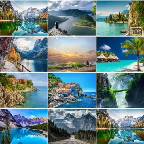 AZQSD Drawing By Number Mountain Lake Seaside On Canvas Handmade Gift Painting By Numbers Landscape Living Room Decoration