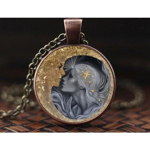 New Fashion Sun and Moon Glass Cabochon Necklace Retro Pendants Handmade Jewelry