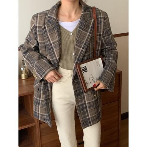 New Suits Female Vintage Autumn Notched Collar Plaid Women Blazer Breasted Jacket Casual Pockets Womens Suits Coat Blazers Suits