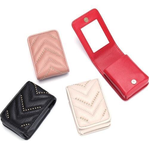 1 PC Women Girls Portable Beauty Cosmetic Packet Case Studded Genuine Leather Makeup Bag Women Lipstick Make Up Bag With Mirror