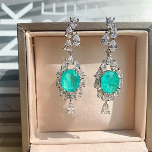 QTT Woman Earring 925 Sterling Silver Paraiba Tourmaline Emerald Diamond Gemstone Dangle Oval Drop Earrings Fine Jewelry