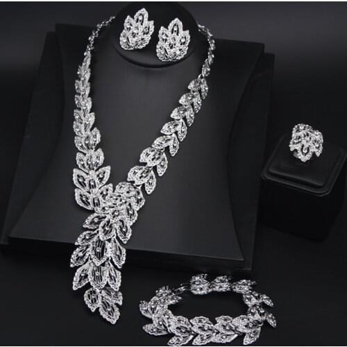 Luxury Crystal Bridal Jewelry Sets Women Rhinestones Pageant Party Necklace Prom Wedding Bracelet Ring Earrings Set For Bride