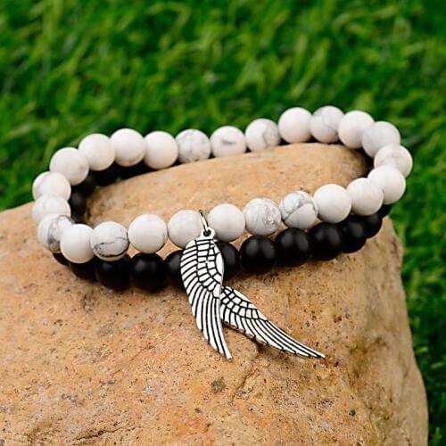 Silver Color Wing Couple Bracelet For Women Jewelry White Stone&Black Matte Beaded Distance Bracelets Pulseira Masculina AB326