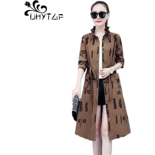 UHYTGF Fashion Spring Autumn Windbreaker Women Mid-Length Slim 3XL Plus Size Outerwear Long-Sleeved Thin Trench Coat Female 1631