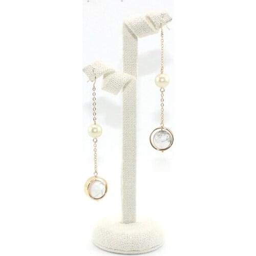 Particular Concise Style Long Globe Copper White Marble Stone Teardrop Pearl Stone Double Ball Drop Earrings for Women