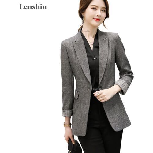 Lenshin High-quality England Style Plaid Long Coat with Pockets for Women Single Button Jacket Fashion Outwear Blazer