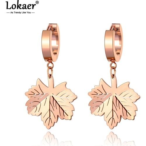Lokaer Trendy Titanium Stainless Steel Maple Leaf Earrings For Women Girls Office Style Rose Gold Summer Hoop Earrings E20093
