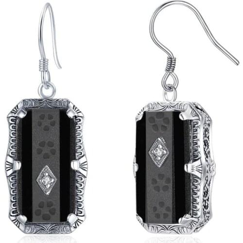 Szjinao Women Earrings Silver 925 Unique Long Drop Earring With Hook Designer Handmade Gemstone Black Onyx Flower Fine Jewelery